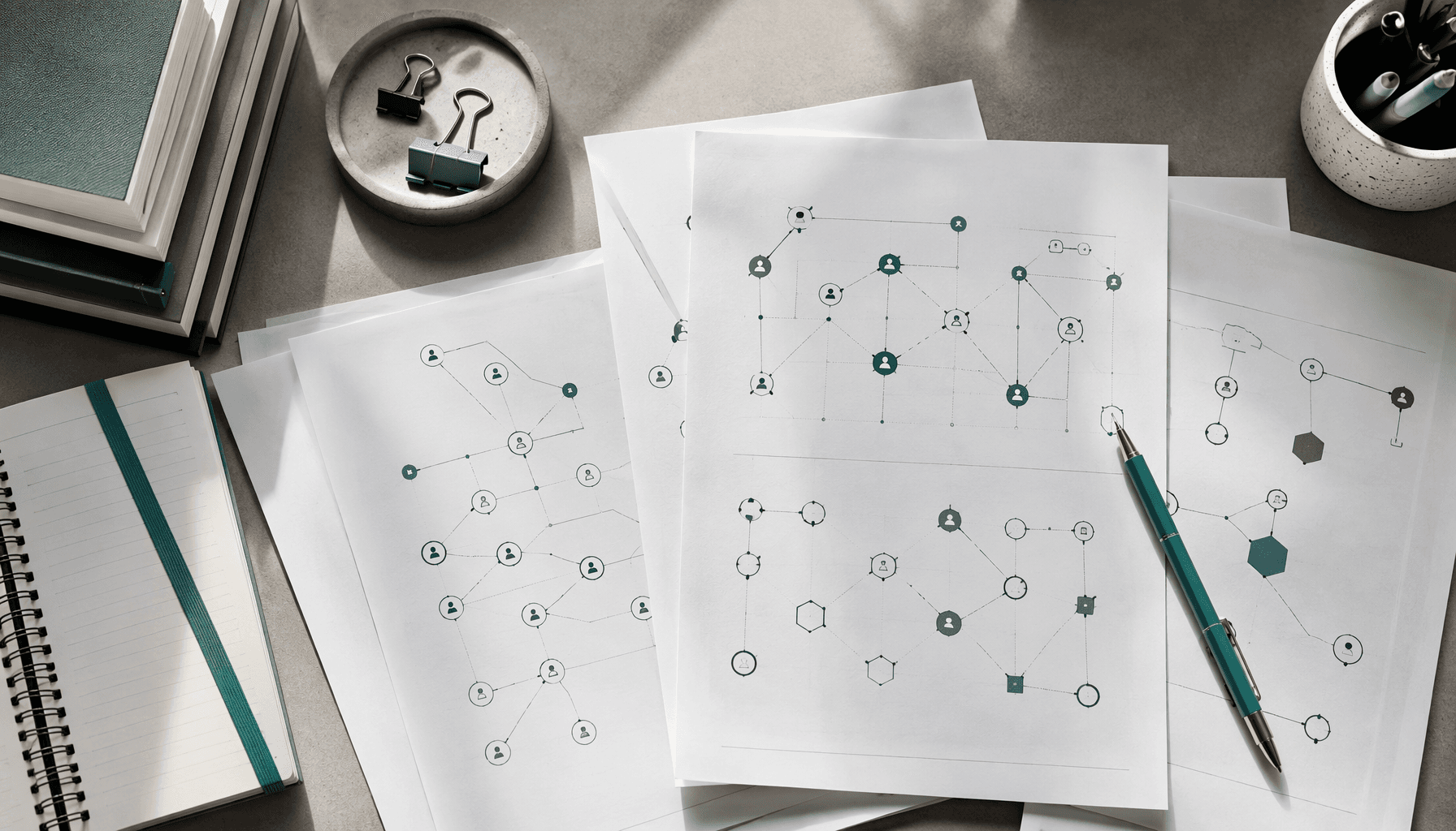 Study desk with abstract identity and access diagrams