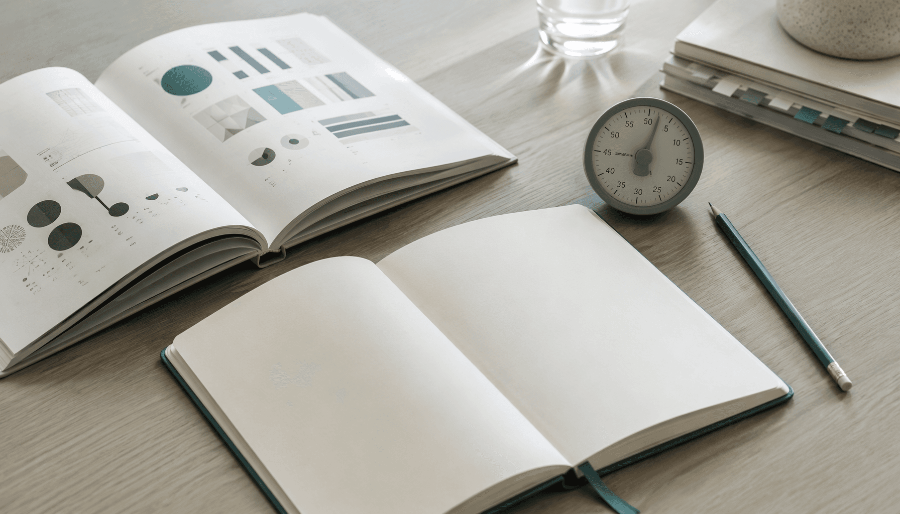 Open study notes, progress charts, pencil, and timer